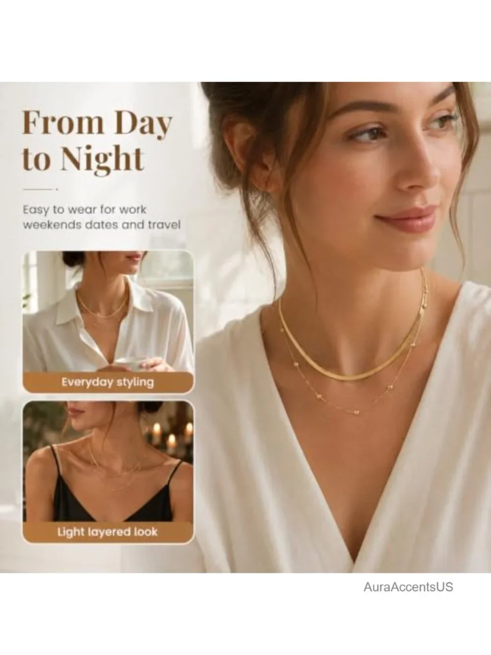Gold Plated Stainless Steel 2 Piece Layered Necklace Set Snake Chain Dainty